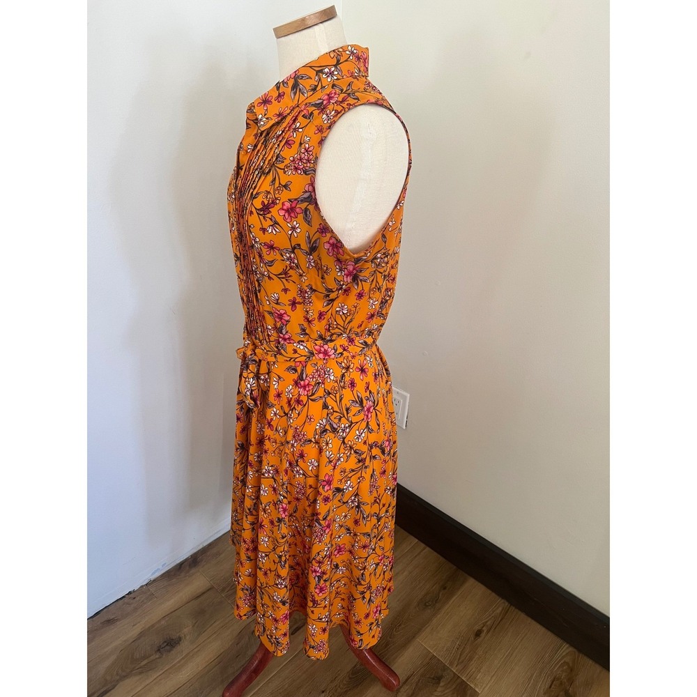 Nanette Lepore Orange Floral Pintuck Sleeveless Shirt Dress Size 10 Belted Knee - Picture 3 of 10